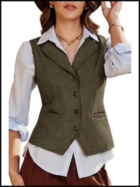 Women's Herringbone Tweed Suit Vest Sleeveless V Neck Adjustable Back